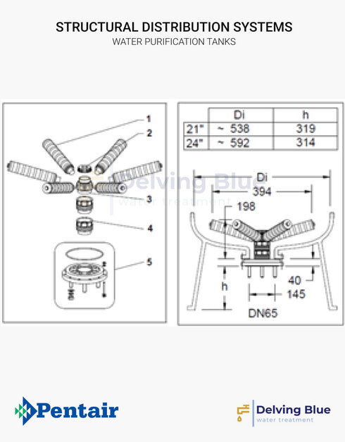 Distribution System For 6" Flanged Top & Bottom Opening Tanks Ø 525mm & 600mm Treaded Lateral System Dn65