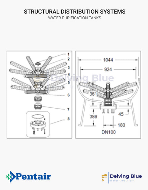 Distributiesysteem voor 6" geflensde boven- en onderopeningstanks Ø 1050 mm geprofileerd lateraal systeem Dn100
