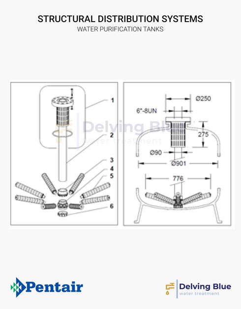Distribution System For 6" Flanged Top Opening Tanks Ø 900mm Tm Threaded Lateral System Incl Riser Tube With Ø 90 mm